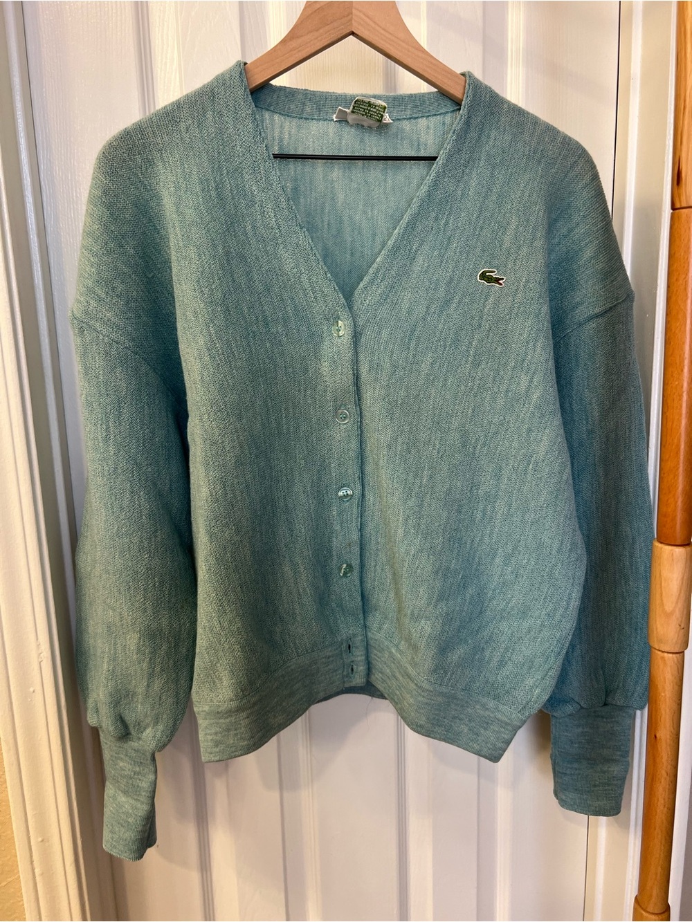 Vintage Pure Virgin Wool Lacoste Women's Teal V-Neck Button Cardigan